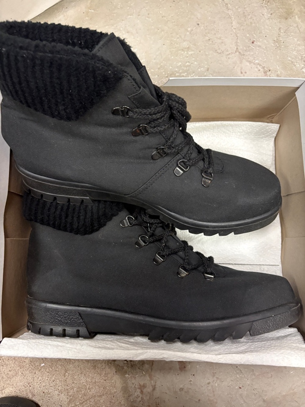 Women's Black Lace-Up Knit Cuff Boots